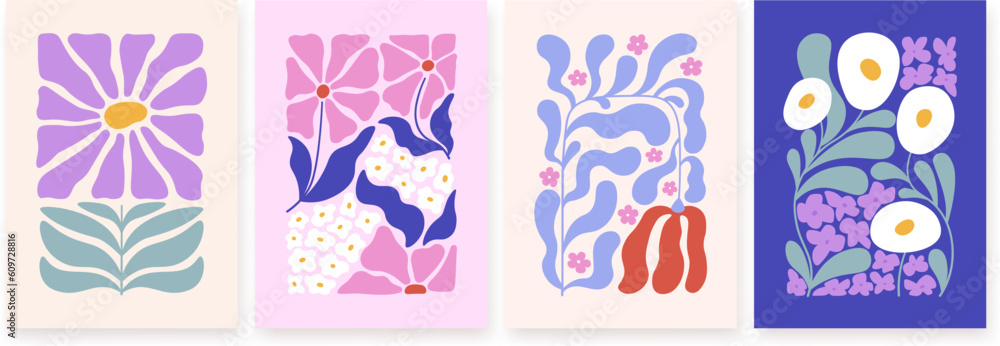 Contemporary doodle flowers wall posters. Floral abstract covers, decorative plants and flower cards. Racy matisse inspired vector graphic design