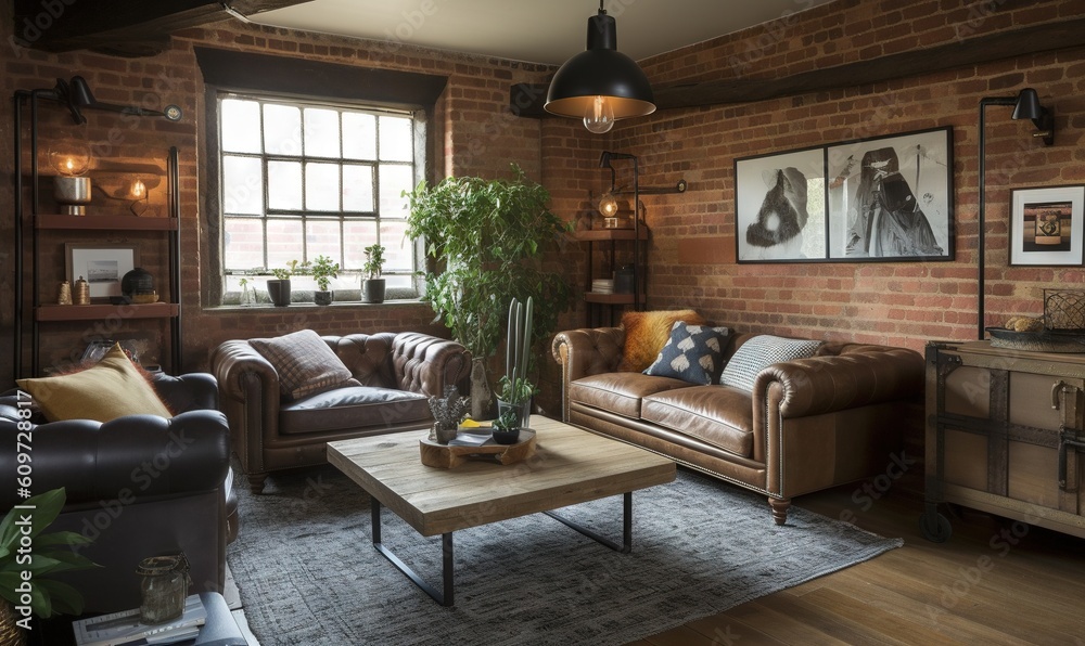 Naklejka premium a living room with a couch, chair, table, and a potted plant on a coffee table in front of a brick wall. generative ai