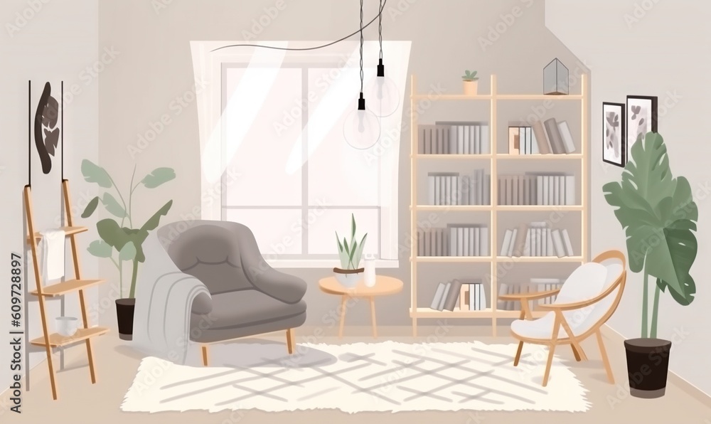 Fototapeta premium a living room with a chair, bookshelf and a potted plant in the corner of the room, and a bookshelf in the corner of the room. generative ai