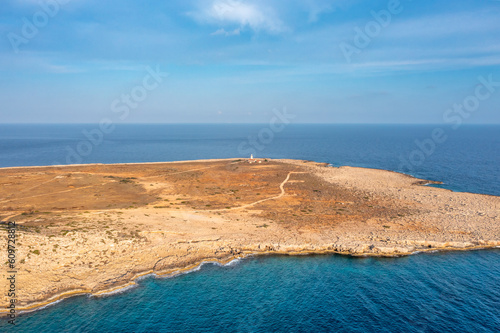 Cyprus - Cape Greco peninsula with an lighthouse from drone view, it is the easternmost point of Europe
