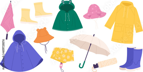 Autumn boots and accessories. Raincoat, umbrella and hat. Colorful rainy season clothers. Adults and childs raincoats, racy cartoon vector graphic