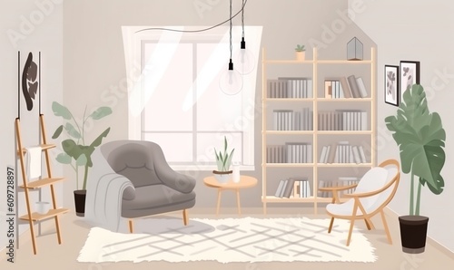  a living room with a chair, bookshelf and a potted plant in the corner of the room, and a bookshelf in the corner of the room.  generative ai © Anna