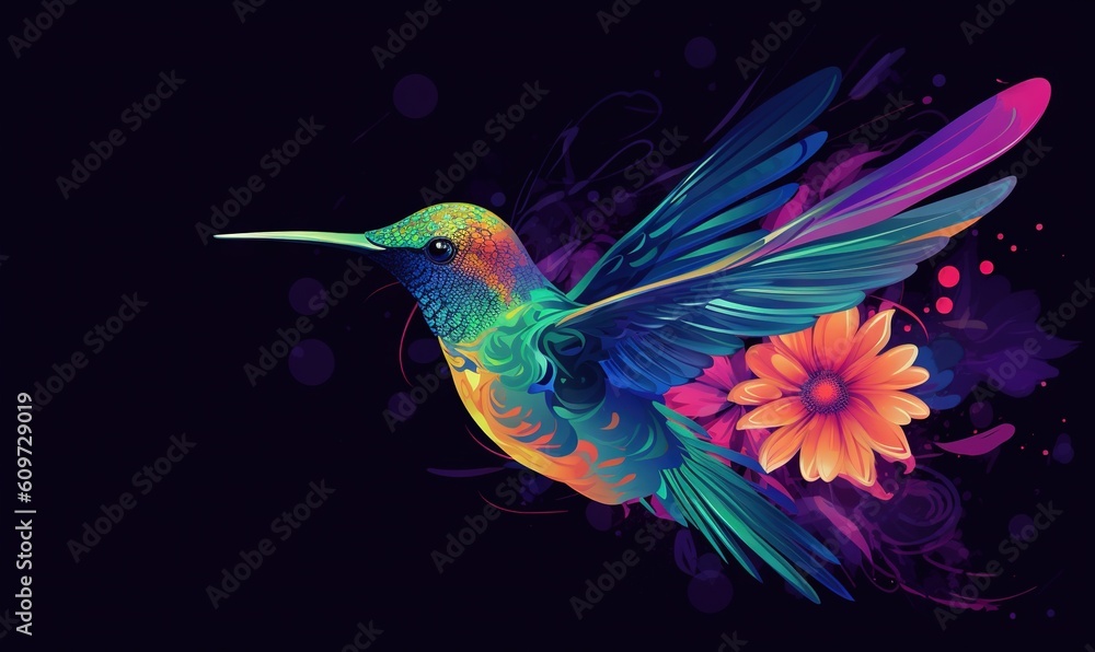 Obraz premium a colorful hummingbird with a flower in its beak on a black background with a splash of paint on the wing and the tail of the hummingbird's wings. generative ai