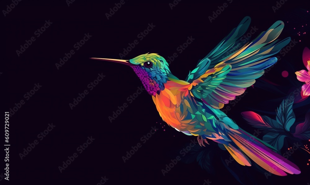 Fototapeta premium a colorful hummingbird flying through the air with its wings spread out and flowers in the foreground and a black background with a dark background. generative ai
