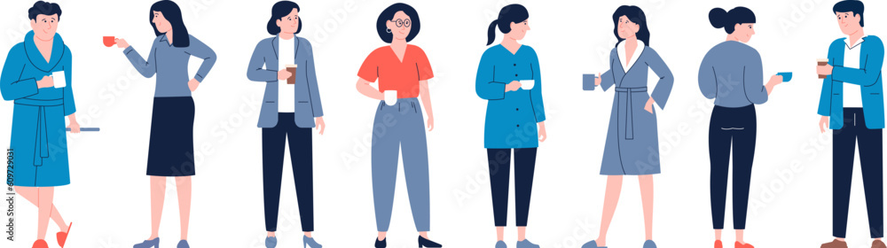 People with cups, coffee tea or hot beverages. Lunch or breakfast, office person and human at home. Men and women drinking vector characters