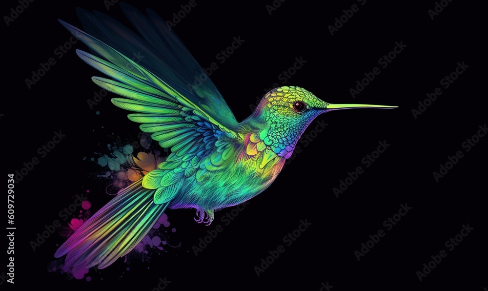 a colorful hummingbird flying in the air with its wings spread out and its wings spread wide, with a black background and a splash of paint splats. generative ai a colorful hummingbird flying in the air with its wings spread out and its wings spread wide, with a black background and a splash of paint splats. generative ai