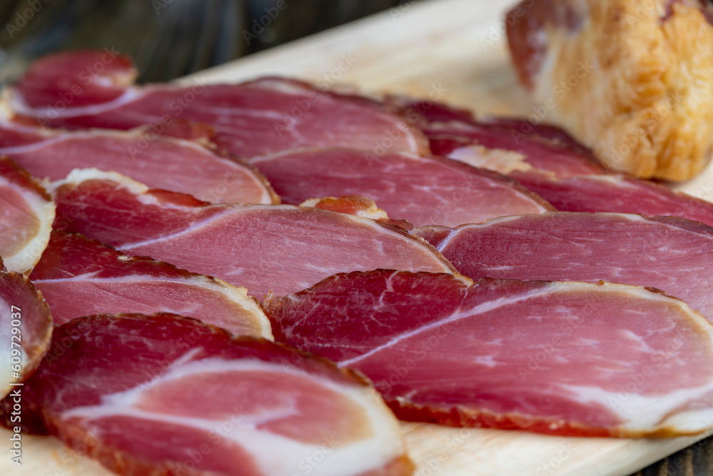 Obraz premium pink dry pork ham, close up