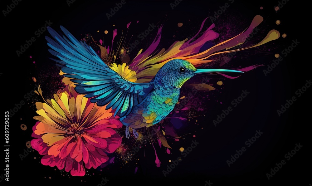  a colorful bird flying over a flower on a black background with a splash of paint on it's body and wings and wings, with a black background of multicolored flowers.  generative ai