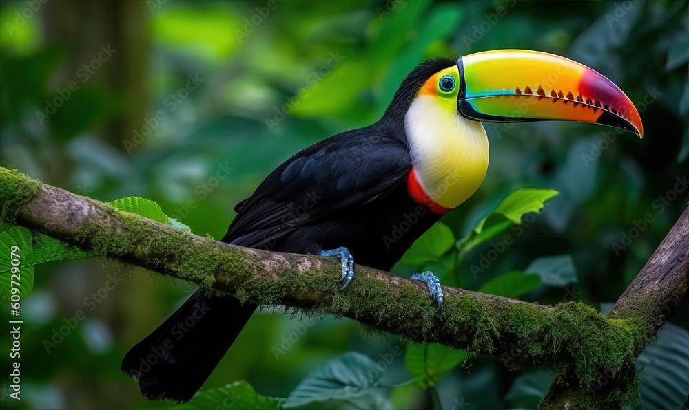 a colorful toucan perched on a branch in a forest with lots of green leaves and a bright yellow beak with a black and red stripe. generative ai a colorful toucan perched on a branch in a forest with lots of green leaves and a bright yellow beak with a black and red stripe. generative ai