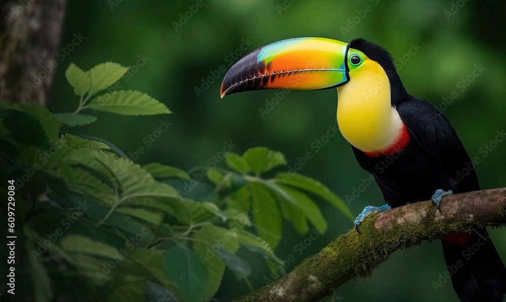 Obraz premium a colorful toucan sitting on a branch in a tree with green leaves in the foreground and a dark green forest in the background. generative ai