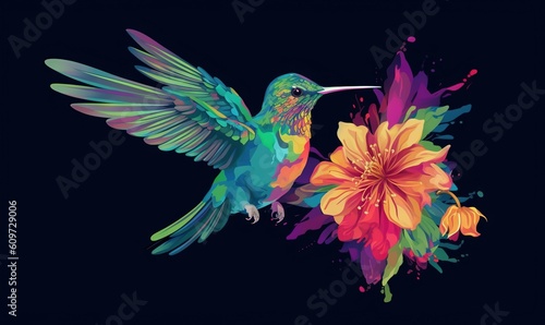  a colorful hummingbird with a flower in the foreground and a black background with a blue sky in the back ground and a black background with a blue sky.  generative ai © Anna