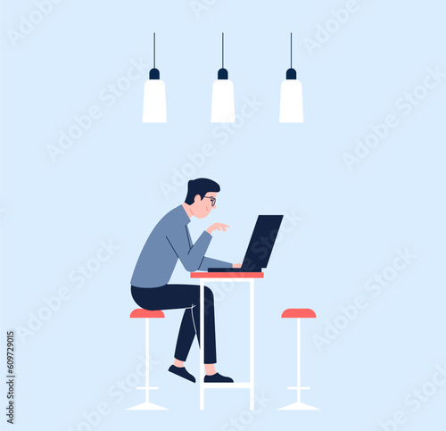 Man working with laptop, program development male character. Programmist, geek boy work on computer. IT worker, surfing internet vector scene