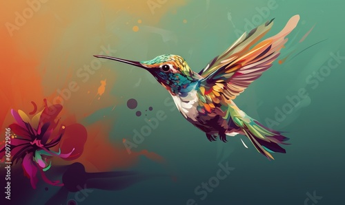  a colorful hummingbird flying over a flower on a green and orange background with a splash of paint on it's back side of the image. generative ai
