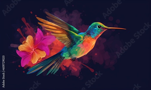  a colorful hummingbird with a flower in its beak and wings spread out, on a dark background with a splash of paint and a flower in the foreground.  generative ai © Anna