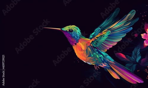  a colorful hummingbird flying through the air with its wings spread out and flowers in the foreground and a black background with a dark background. generative ai