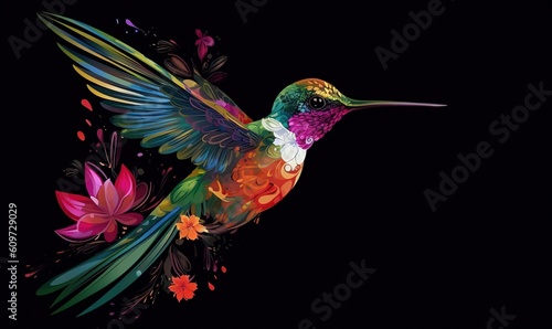  a colorful hummingbird with a black background and flowers on it's back side, flying in the air, with its wings spread wide open.  generative ai © Anna