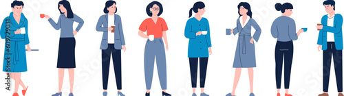 People with cups, coffee tea or hot beverages. Lunch or breakfast, office person and human at home. Men and women drinking vector characters
