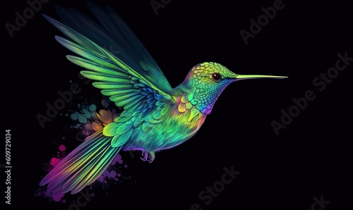  a colorful hummingbird flying in the air with its wings spread out and its wings spread wide  with a black background and a splash of paint splats.  generative ai