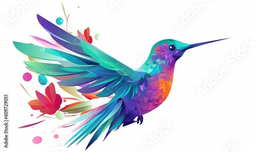 a colorful hummingbird flying with colorful flowers and butterflies on it's back legs, with a white back ground and a white back ground. generative ai