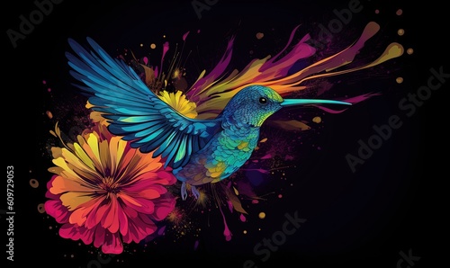  a colorful bird flying over a flower on a black background with a splash of paint on it's body and wings and wings, with a black background of multicolored flowers. generative ai