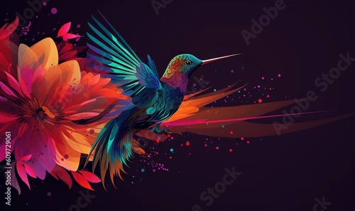  a colorful bird with a flower in its beak on a dark background with a splash of paint on the wings of the bird and the flower. generative ai