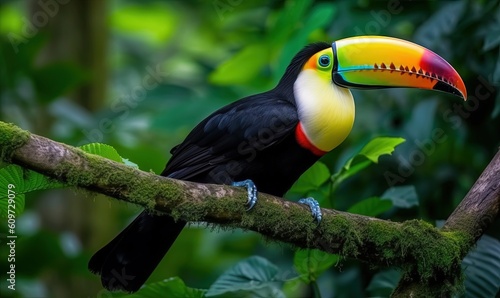  a colorful toucan perched on a branch in a forest with lots of green leaves and a bright yellow beak with a black and red stripe. generative ai