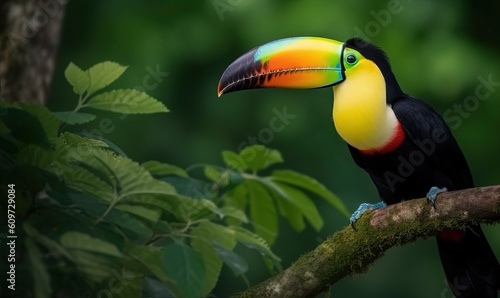  a colorful toucan sitting on a branch in a tree with green leaves in the foreground and a dark green forest in the background. generative ai