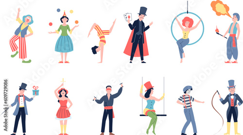 Circus actors, show artist and mime. Clowns, flat carnival festival characters. Street theater performer, people in costumes recent vector set