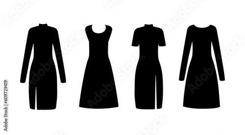 Fashion silhouette apparel. Little black dress. Vector. Set of four women dresses. Collection girl clothing. Clothes icon isolated on white background. Flat illustration.