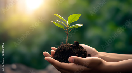 hand holding the earth with a plant sprouting, planting, nature, sprouting a plant, planting a tree, generative ai