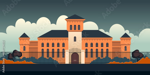 Prison building surrounded by high fence exterior. Architecture outdoor front view. Jail house with observation towers for prisoners guardness. Punishment and judgment for crime. Vector illustration