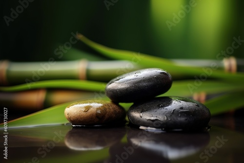 Stacked spa stones  bamboo stems and flower on wooden table against blurred background. Generative AI