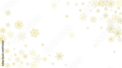 Glitter snowflakes frame on white horizontal background. Shiny Christmas and New Year frame for gift certificate  ads  banners  flyers. Falling snow with golden glitter snowflakes for party invite