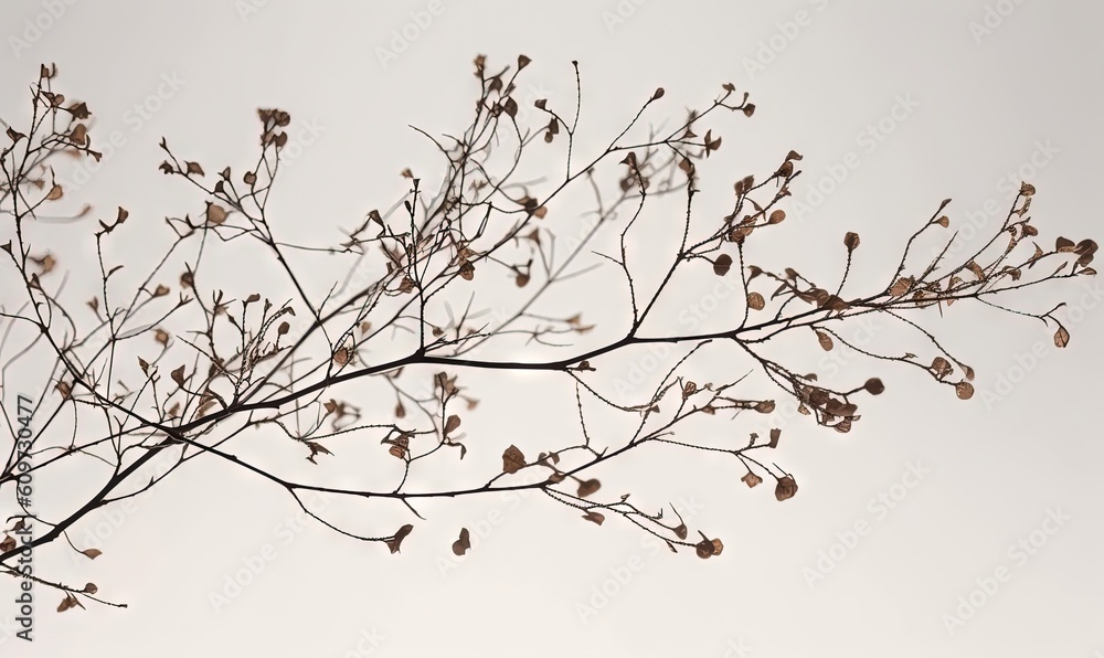  a tree branch with small brown leaves against a white sky background with no leaves on it and a few brown buds on the branches of the branches.  generative ai