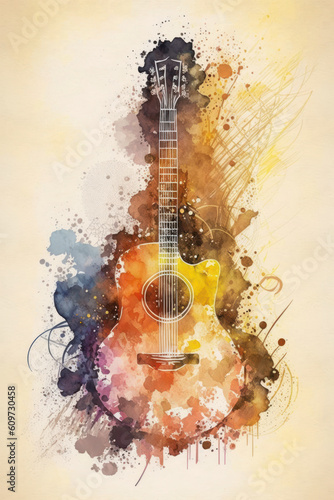 Close-up of an acoustic guitar. Watercolor. Classical guitar on a musical score. Generative AI.