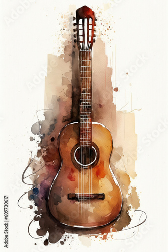 Close-up of an acoustic guitar. Watercolor. Created with generative AI technology.