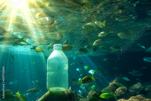 Empty plastic bottle at the bottom of the ocean. Ocean plastic pollution. Ecological problem. AI generated Generative AI