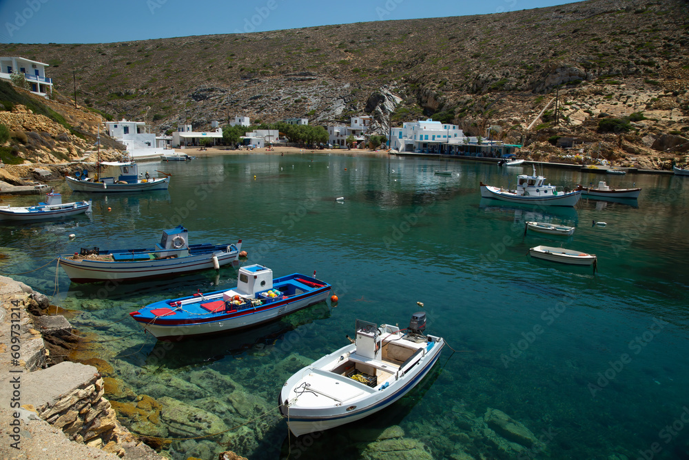 Blue and white traditional fishing boat in Sifnos, Greece