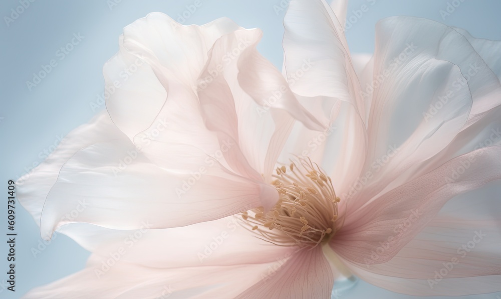  a large white flower with a blue sky in the background of the image is a close up view of the petals and the center part of the flower.  generative ai