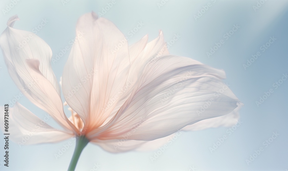  a large white flower with a blue sky background in the backround of the image is a single flower in the foreground, with a light pink center.  generative ai