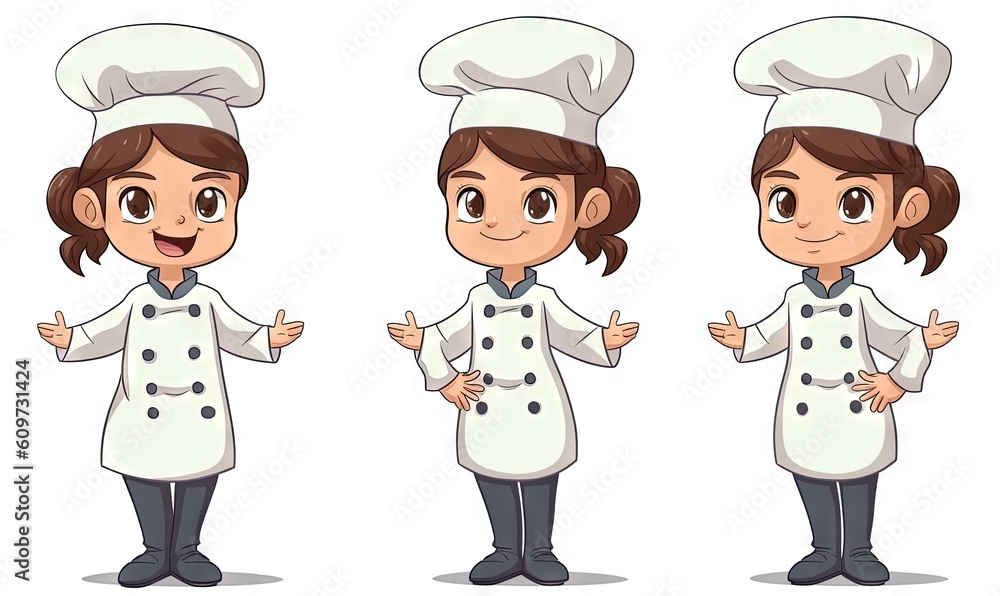 a woman chef in three different poses with a hat on her head and a chef's coat on her head, and a chef's uniform on. generative ai a woman chef in three different poses with a hat on her head and a chef's coat on her head, and a chef's uniform on. generative ai