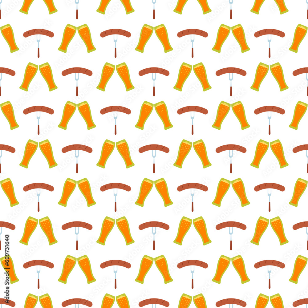 Oktoberfest seamless background. Bavarian pattern with glasses of beer and sausages. Octoberfest print. Vector. Germany traditional diamond wallpaper texture. Color illustration Oktoberfest seamless background. Bavarian pattern with glasses of beer and sausages. Octoberfest print. Vector. Germany traditional diamond wallpaper texture. Color illustration