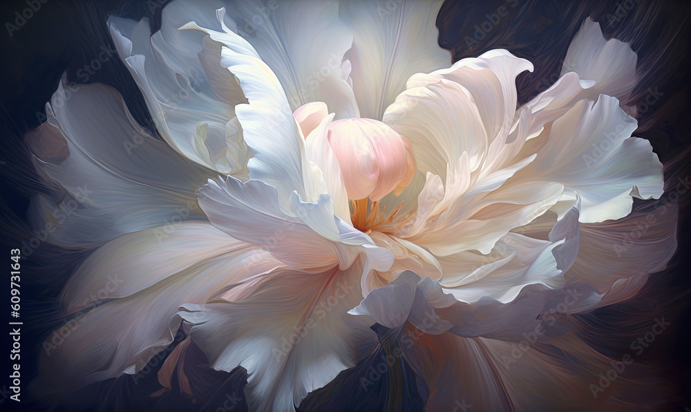  a large white flower with a pink center on a black background with a white center on the center of the flower and a pink center on the center of the flower.  generative ai