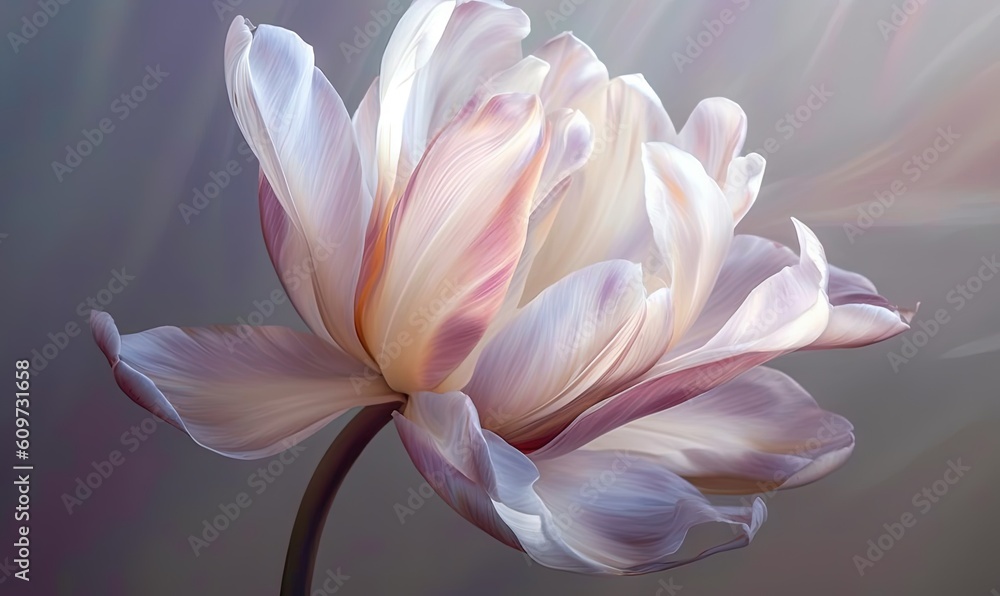  a large white flower with pink petals on a dark background with light rays coming through the center of the flower and the center of the petals.  generative ai