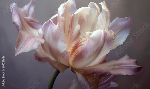  a large pink flower with white petals on a dark background with a soft light coming from the center of the flower and the petals in the center of the flower.  generative ai © Anna