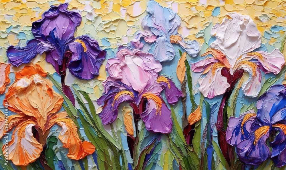  a painting of purple and orange flowers on a yellow and blue background with green leaves and yellow and orange paint splatches on the petals.  generative ai