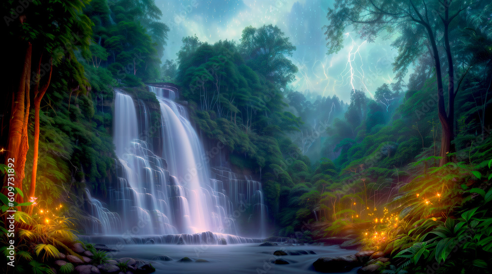 A magical forest with luminous plants and a waterfall with a dark sky above and lightning A magical forest with luminous plants and a waterfall with a dark sky above and lightning