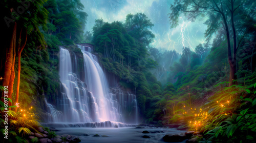A magical forest with luminous plants and a waterfall with a dark sky above and lightning
