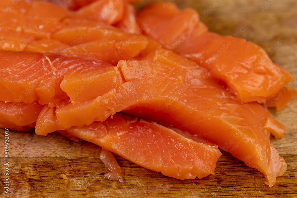 sliced pieces of trout fillet, close up sliced pieces of trout fillet, close up