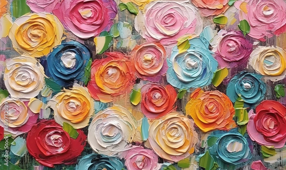 a close up of a painting of a bunch of flowers on a wall with paint chips on the bottom of the painting and the bottom half of the painting. generative ai a close up of a painting of a bunch of flowers on a wall with paint chips on the bottom of the painting and the bottom half of the painting. generative ai